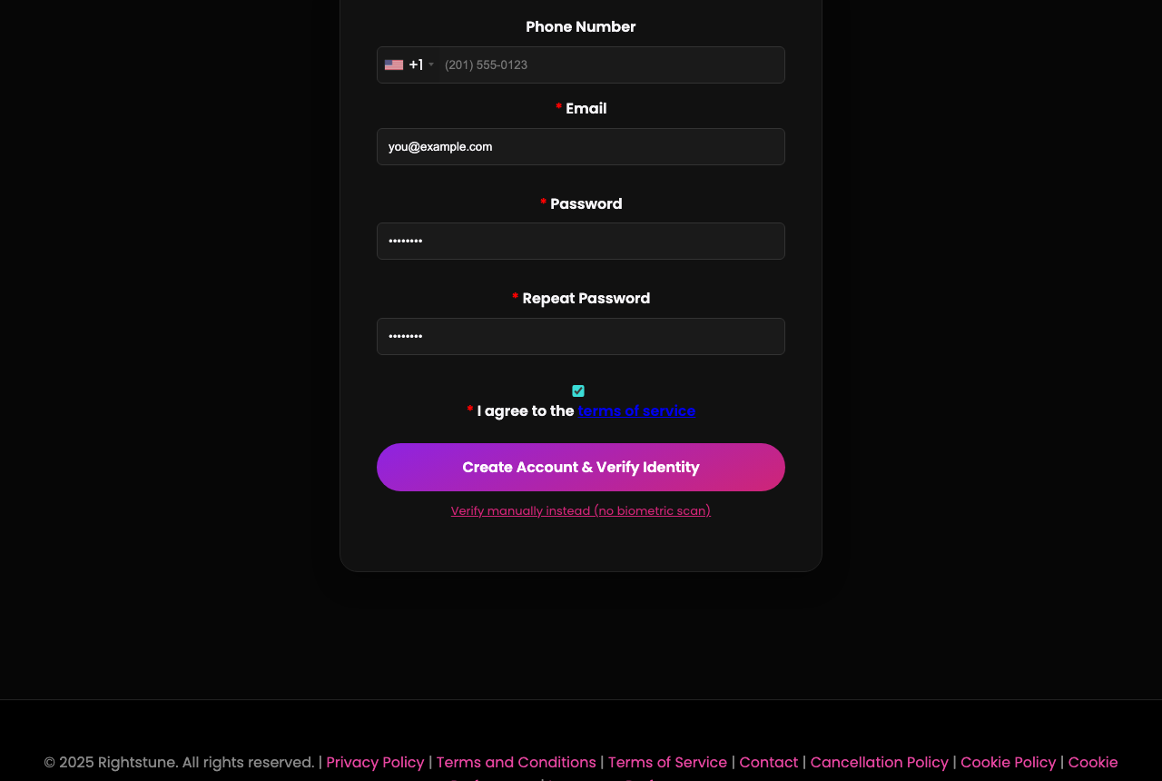 Rightstune signup form with phone, email, password, and terms checkbox