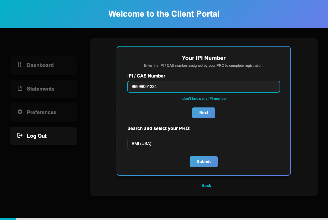 Onboarding form to enter IPI number and select your PRO