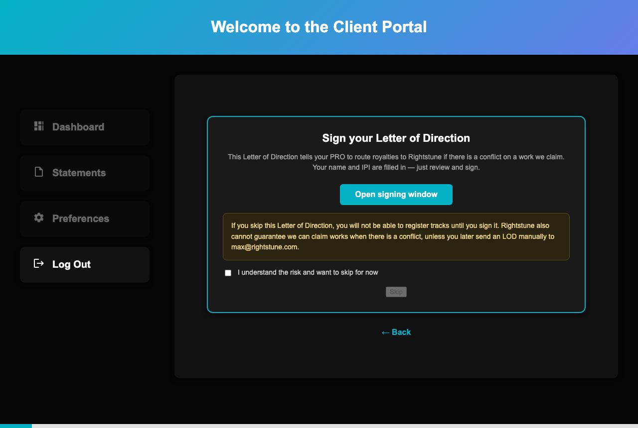 Letter of Direction signing step in the Rightstune client portal